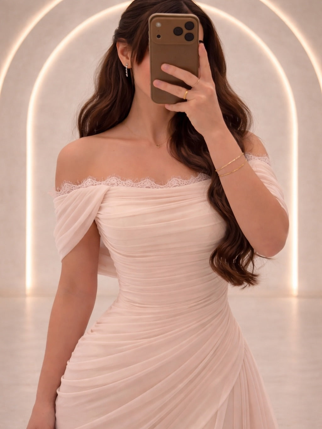 Off-Shoulder Ruched Cape Gown