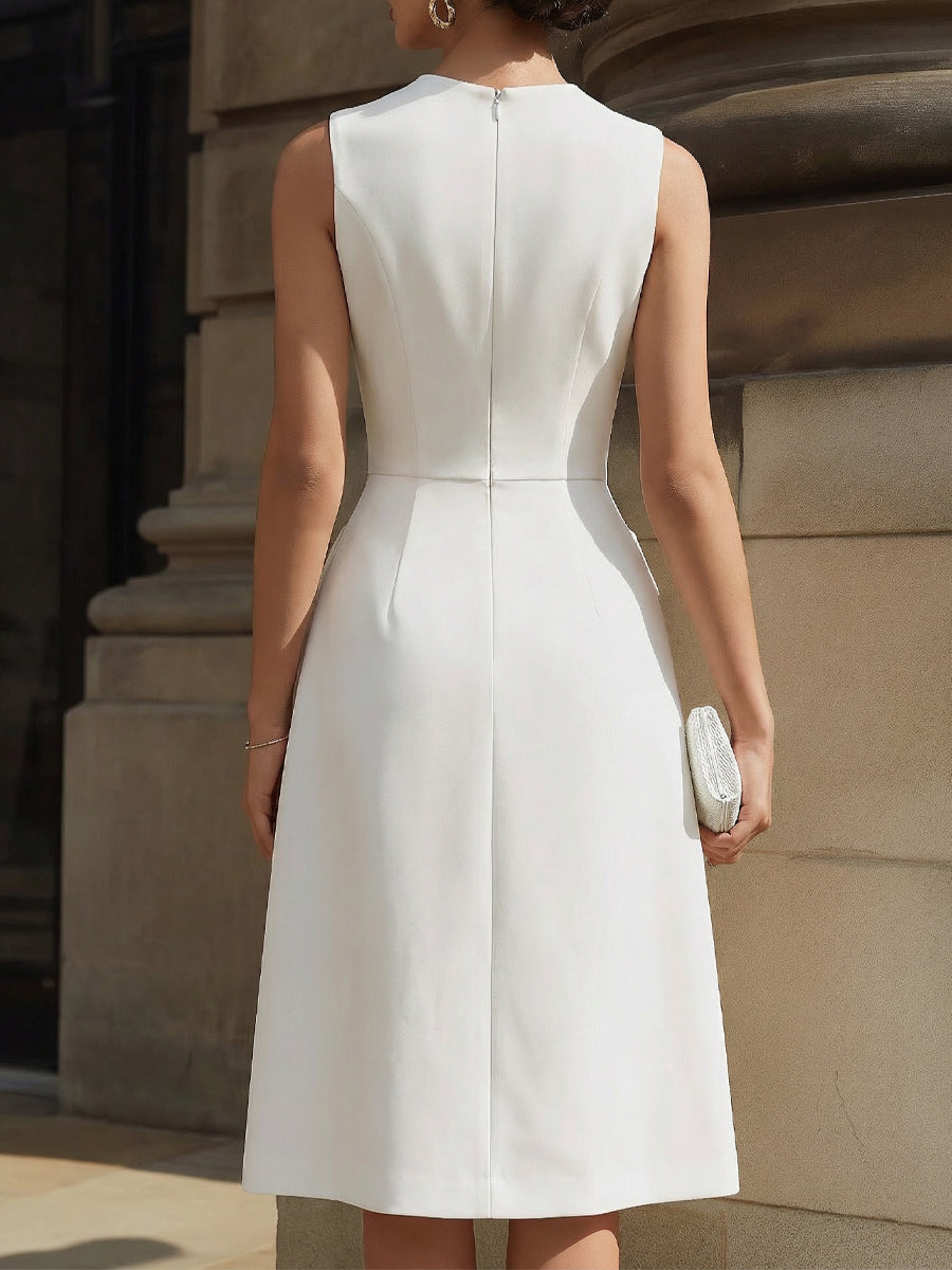 Sleeveless Flap Pocket Pleated A-Line Midi Dress