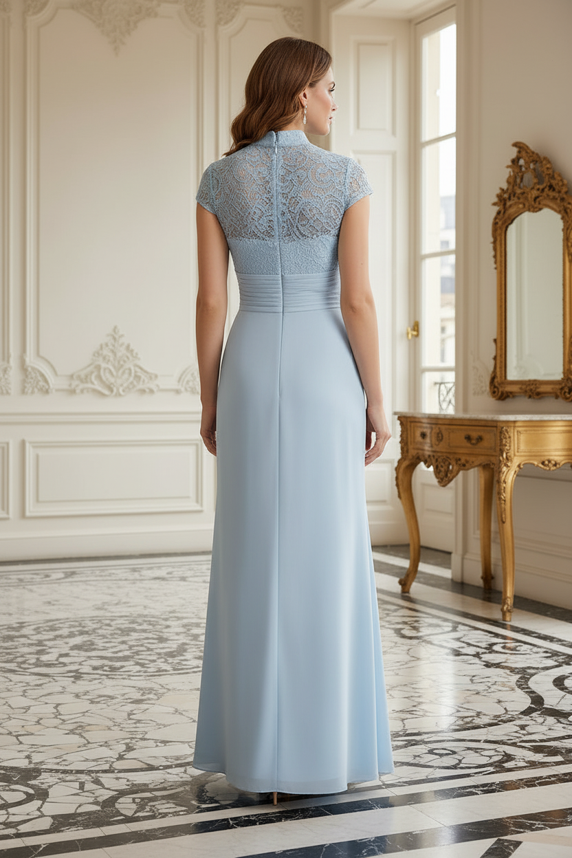 Lace Mandarin Collar Gown with Draped Front Skirt