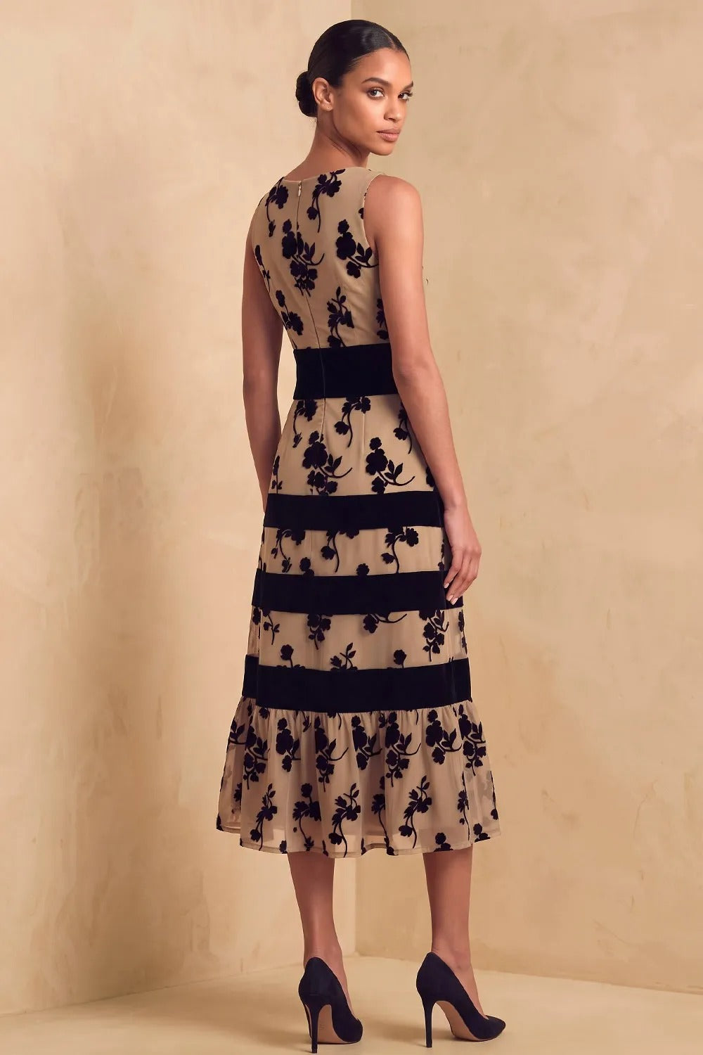Floral Flocked Midi Dress with Ruffle Hem