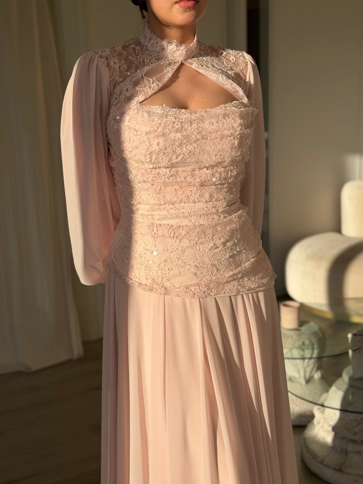 Embellished Lace & Chiffon Gown with Bishop Sleeves