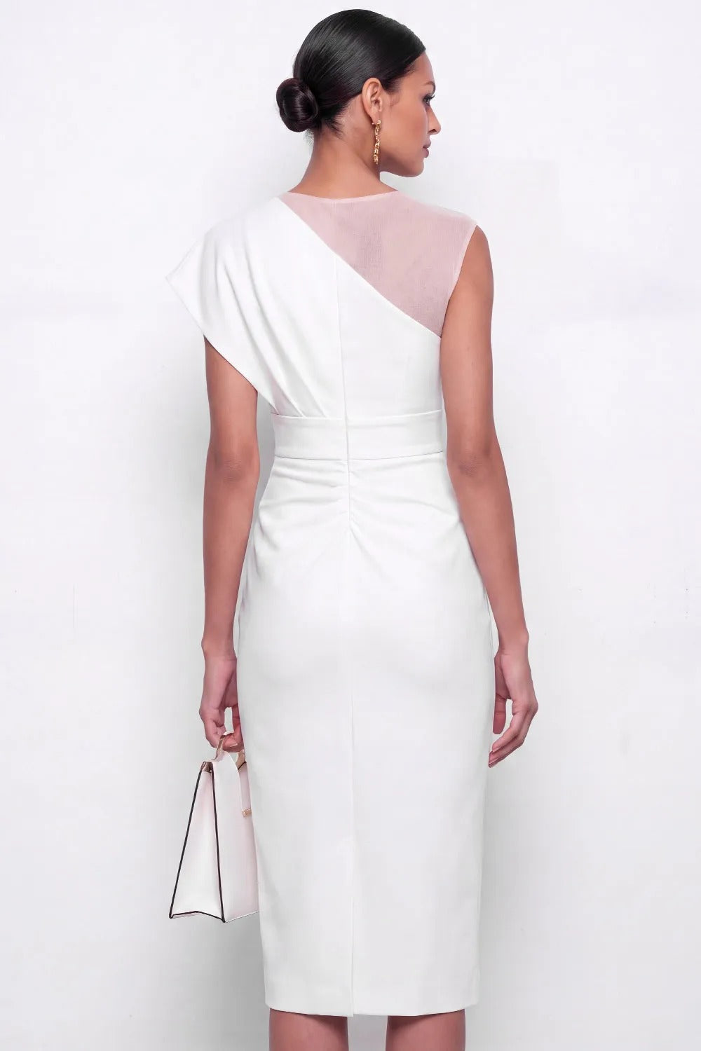 Asymmetric Illusion Neckline Midi Sheath Dress