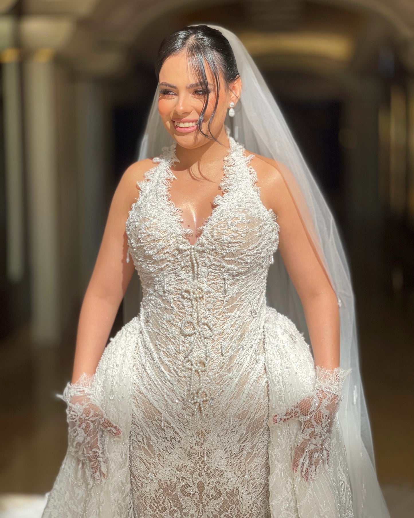 Halter Lace Mermaid Wedding Dress with Detachable Train