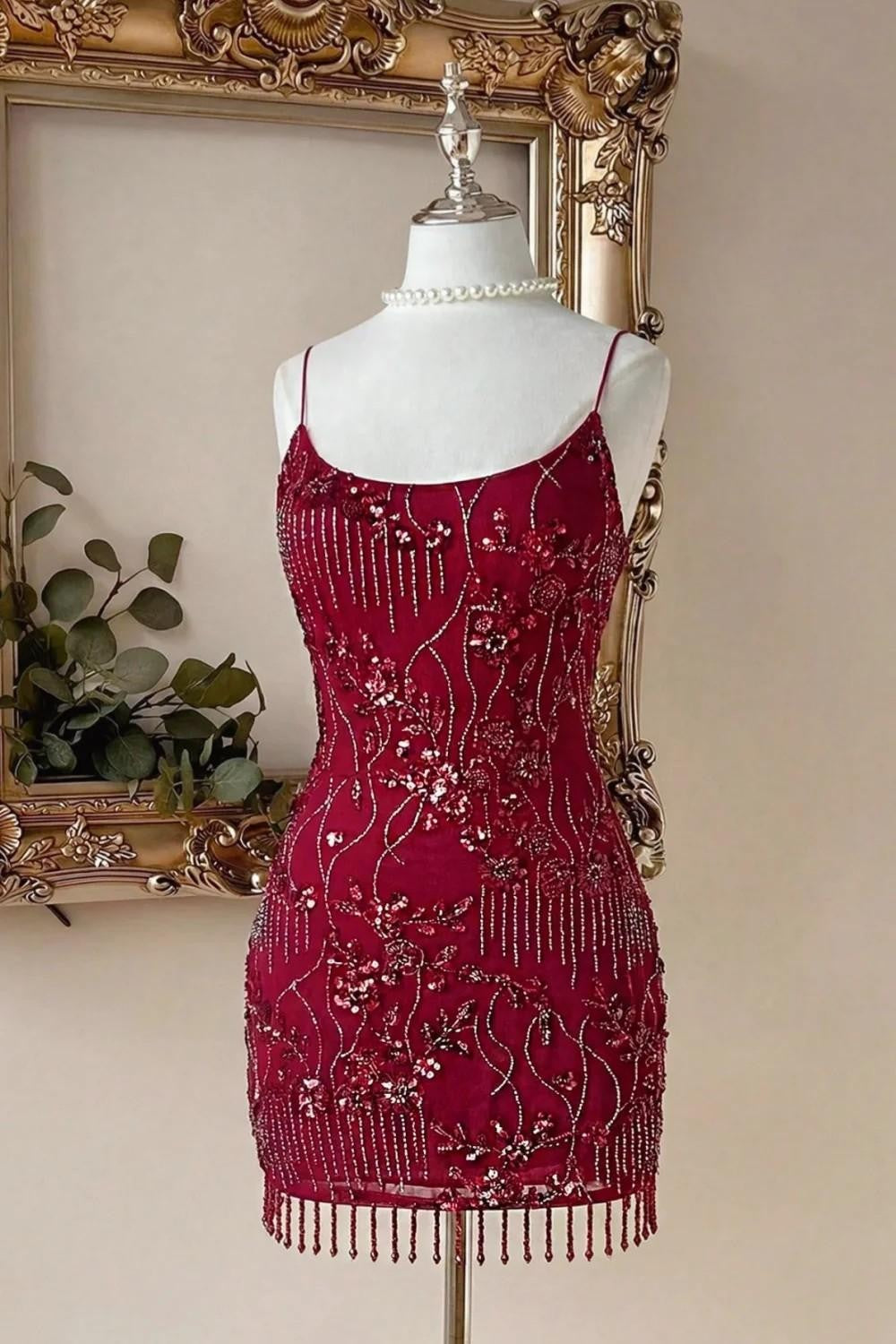 Beaded Fringe Sequin Mini Dress with Low Back