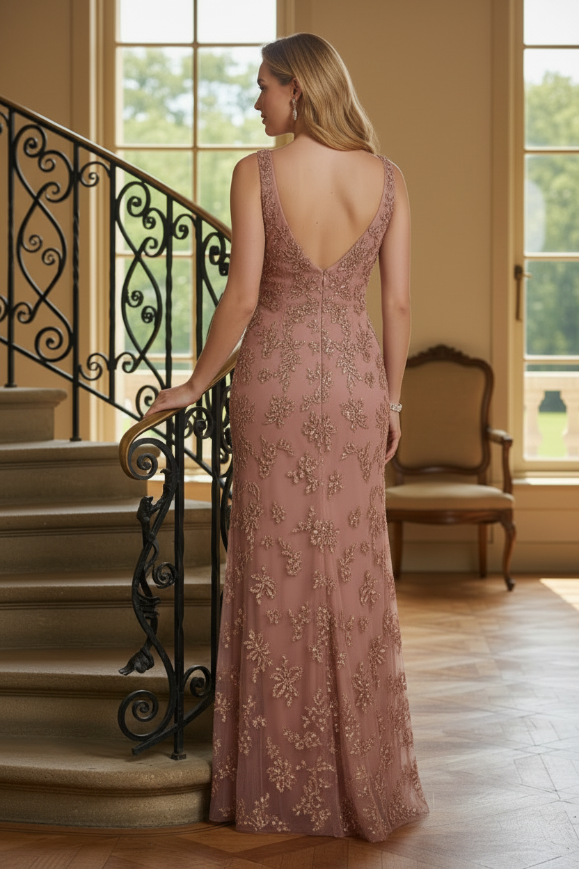 Embellished V-Neck Sleeveless Evening Gown