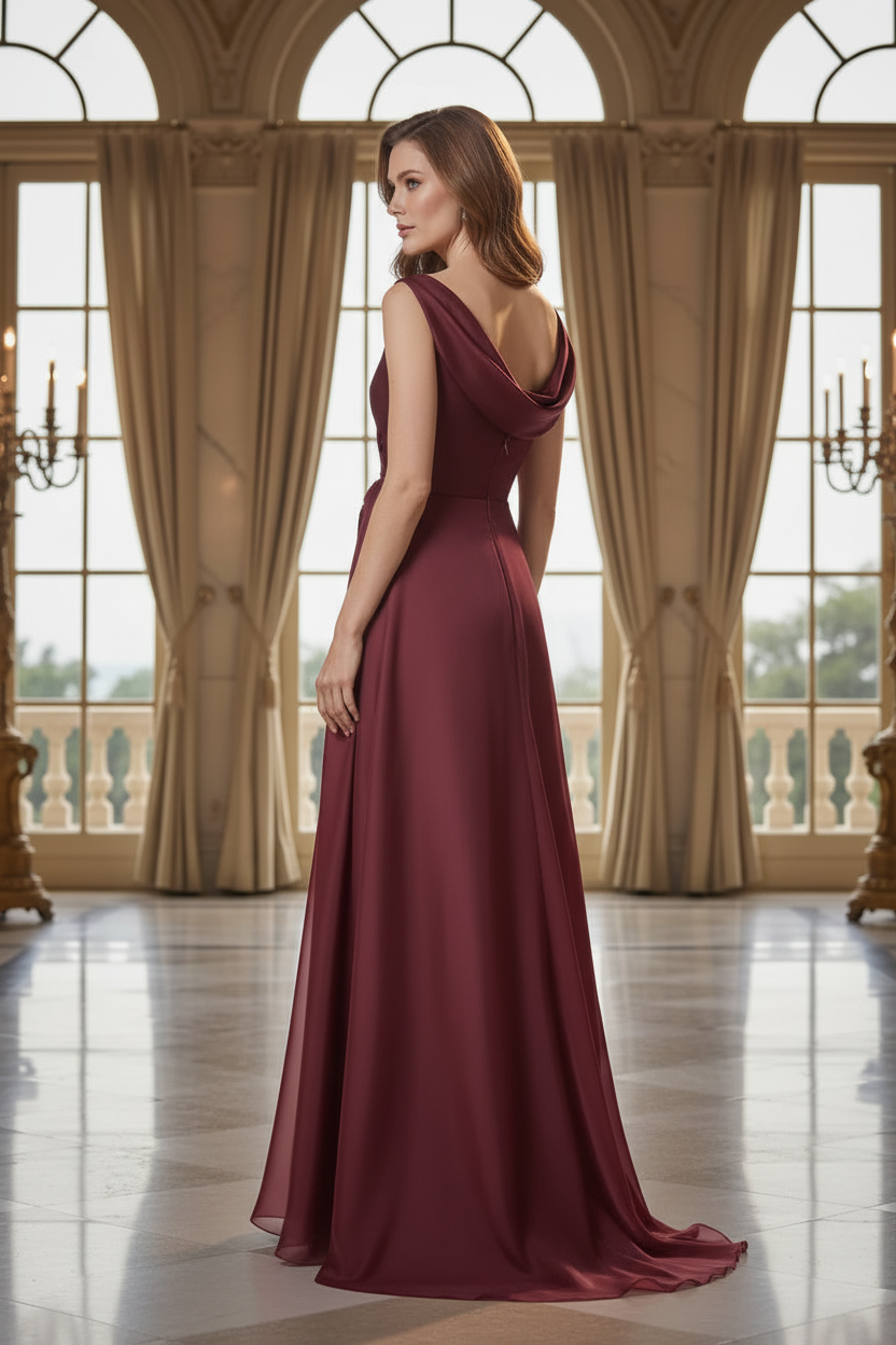 Draped Ruffle Shoulder Floor-Length Gown
