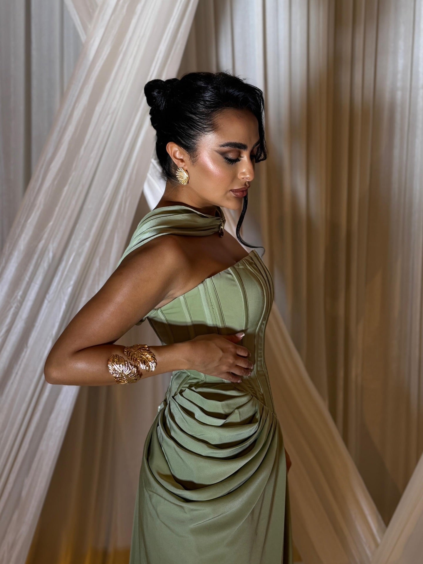 Strapless Corset Draped Column Evening Gown