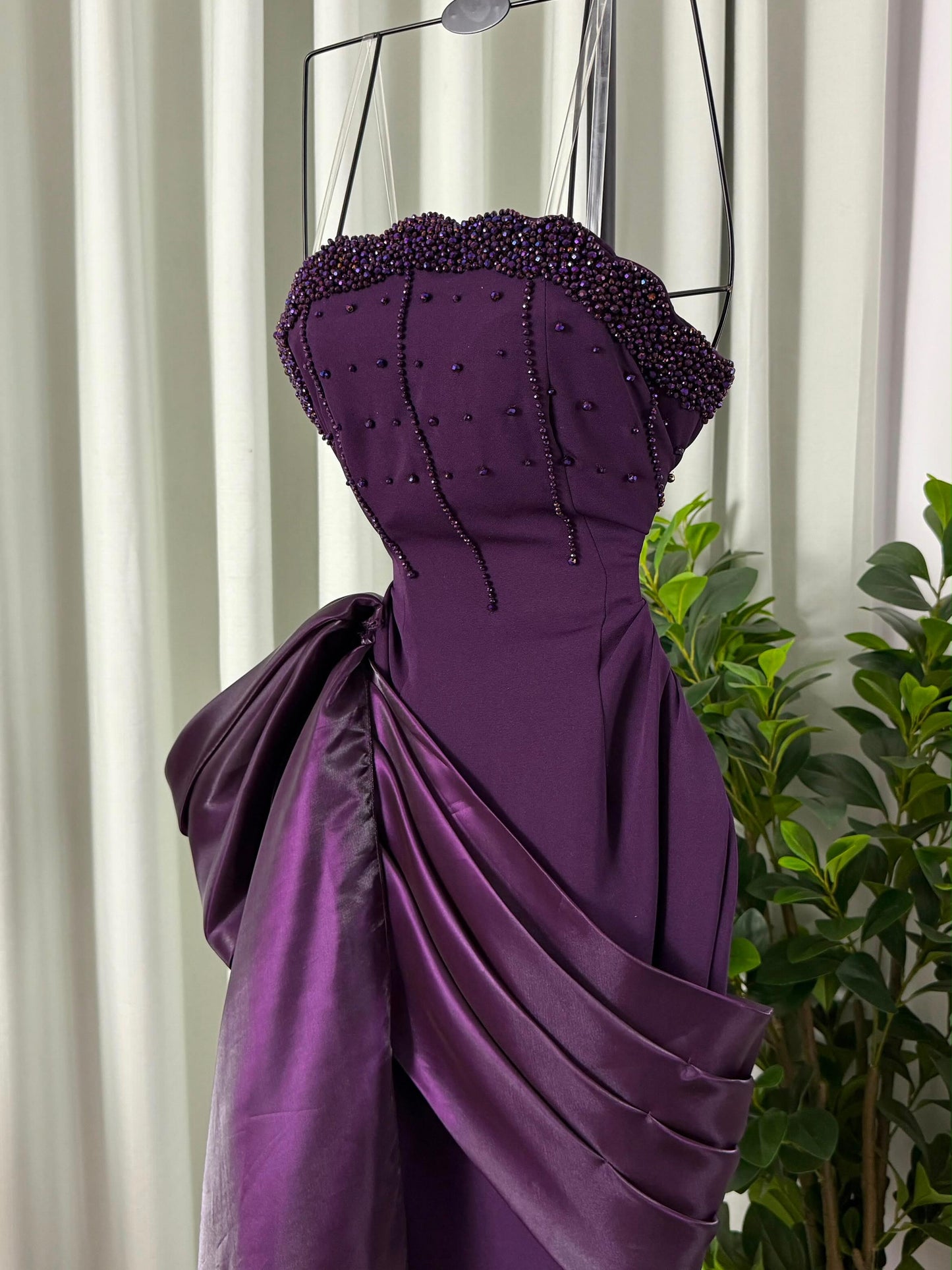 Strapless Side-Draped Evening Gown with Beaded Bodice