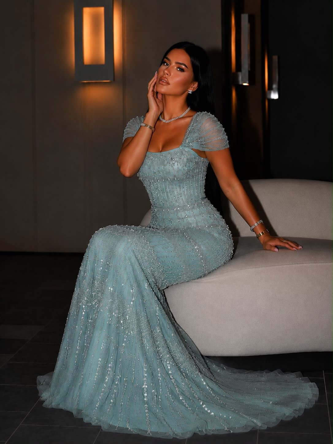 Beaded Cap Sleeve Mermaid Evening Gown
