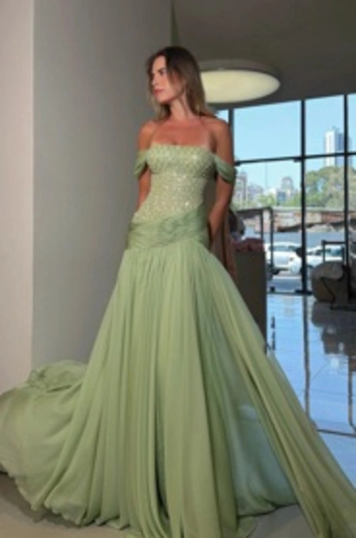Off-the-Shoulder Beaded Corset A-Line Gown