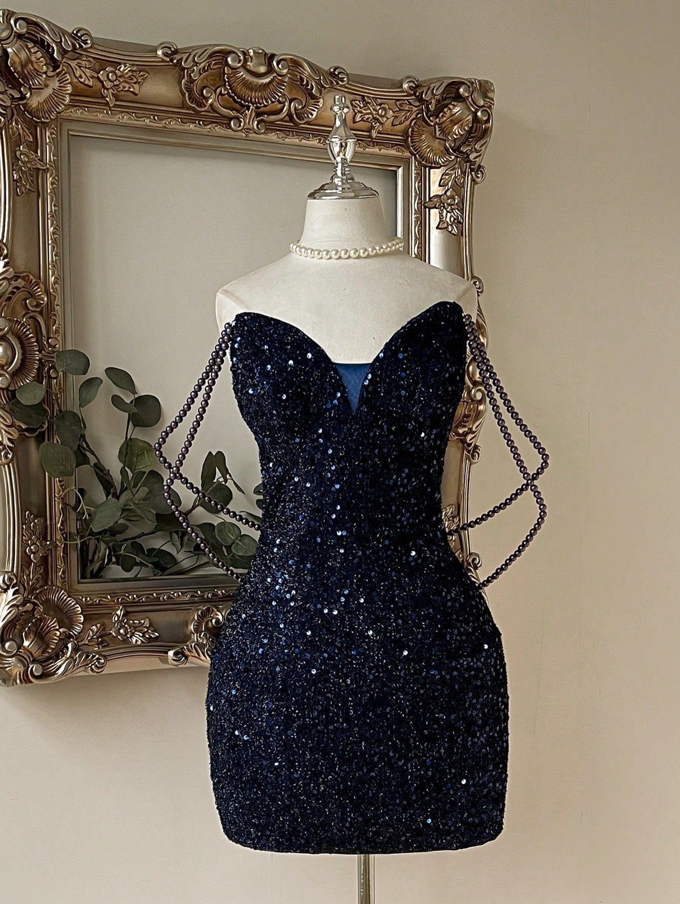 Sweetheart Sequin Mini Dress with Beaded Drapes