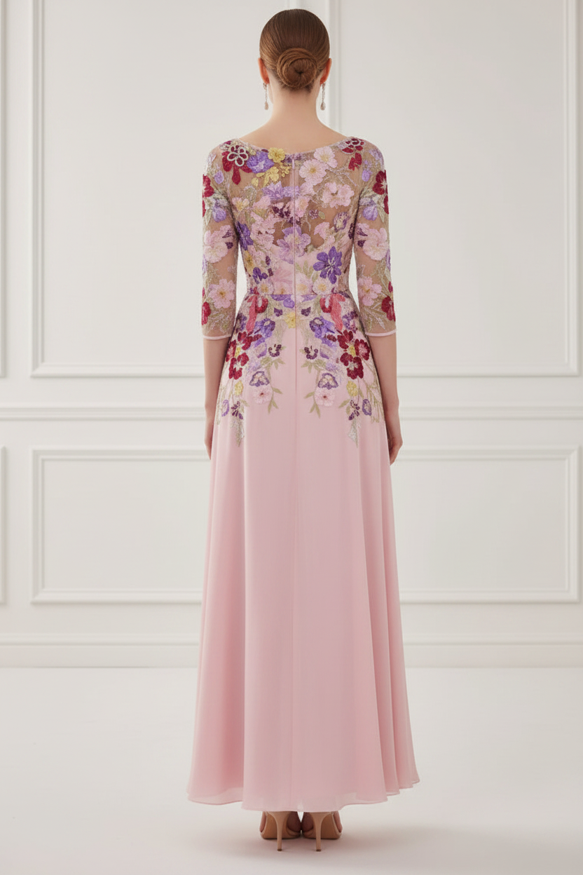Pink Floral Embroidered Chiffon A-Line Mother of the Bride Dress with Illusion Sleeves