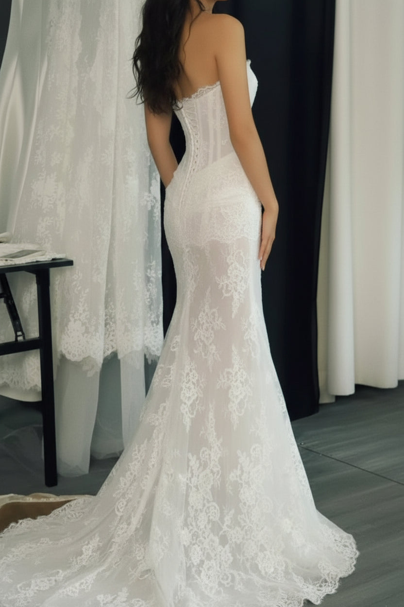 Strapless Scalloped Lace Mermaid Wedding Gown