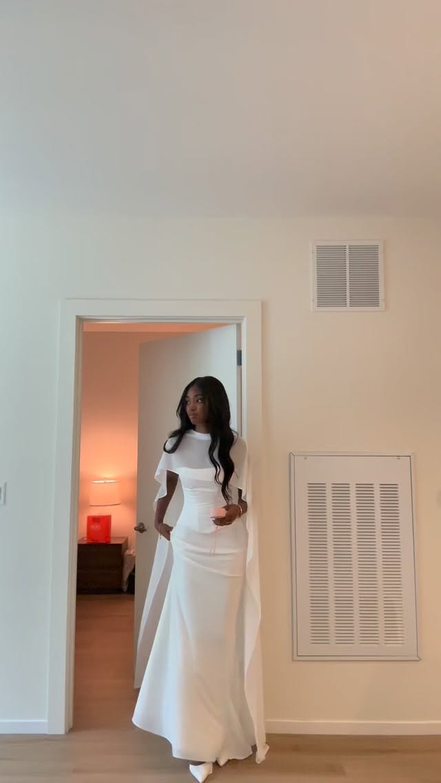 Floor-Length Gown with Sheer Cape and Pockets