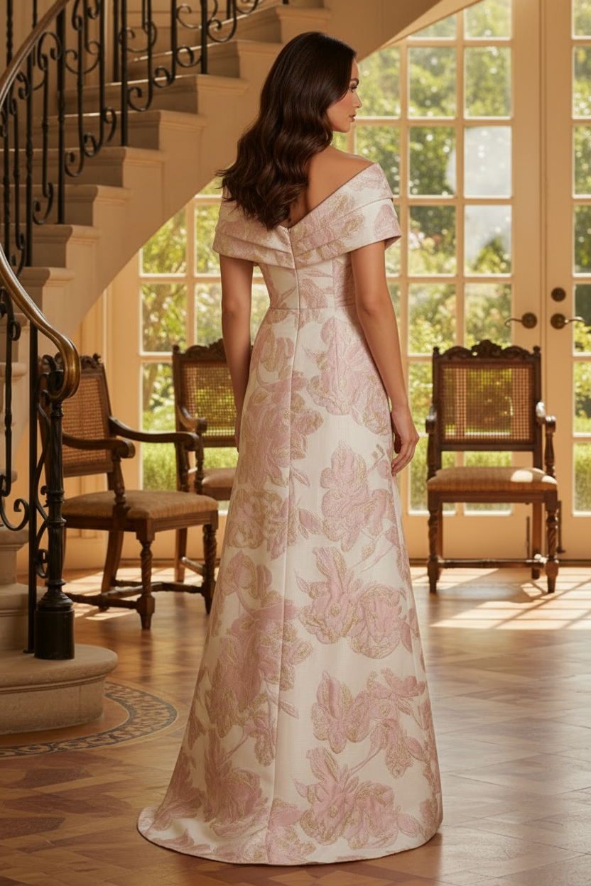 One-Shoulder Floral Jacquard Gown
