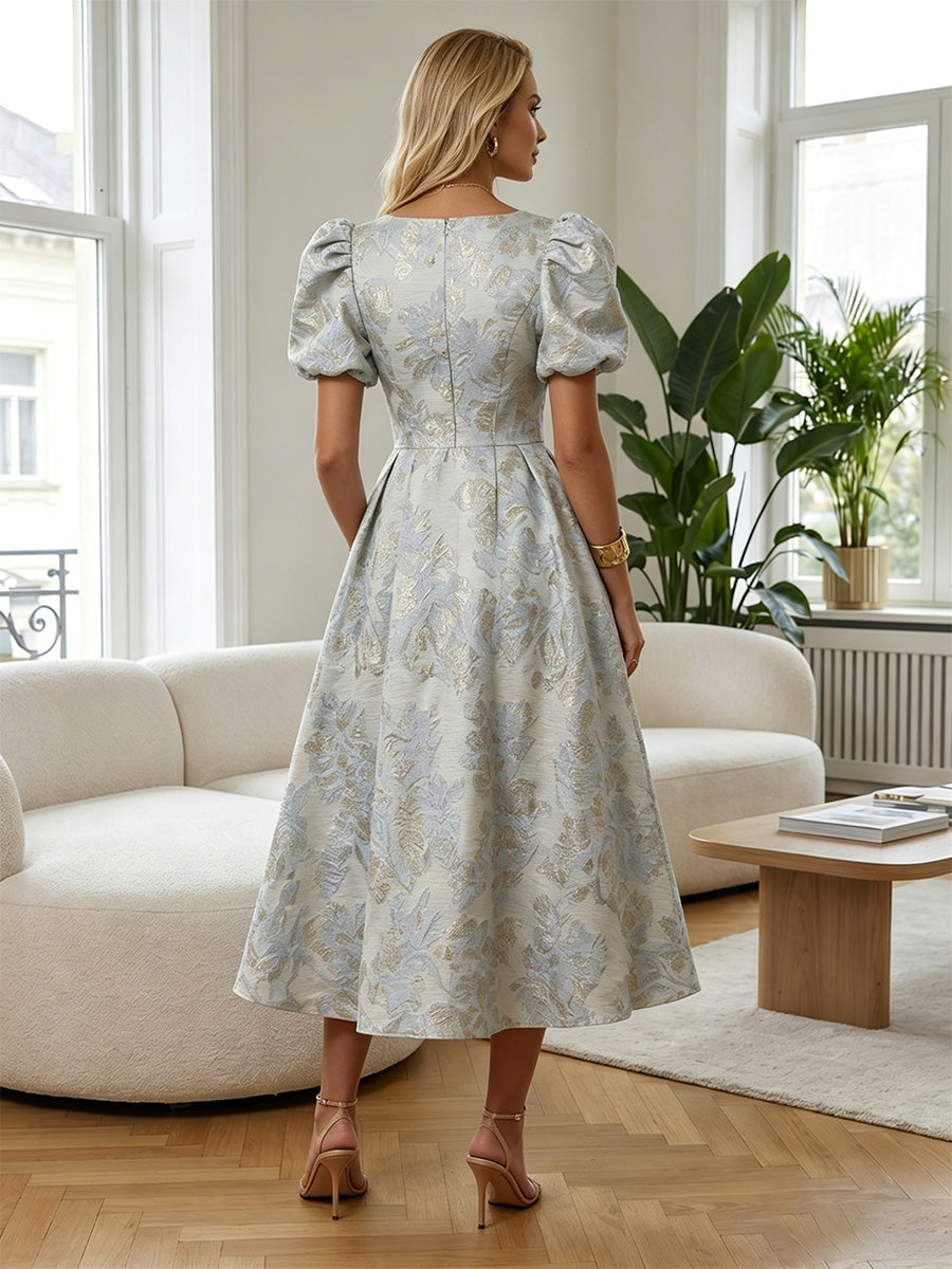 A-Line V-Neck Jacquard Midi Dress with Pockets