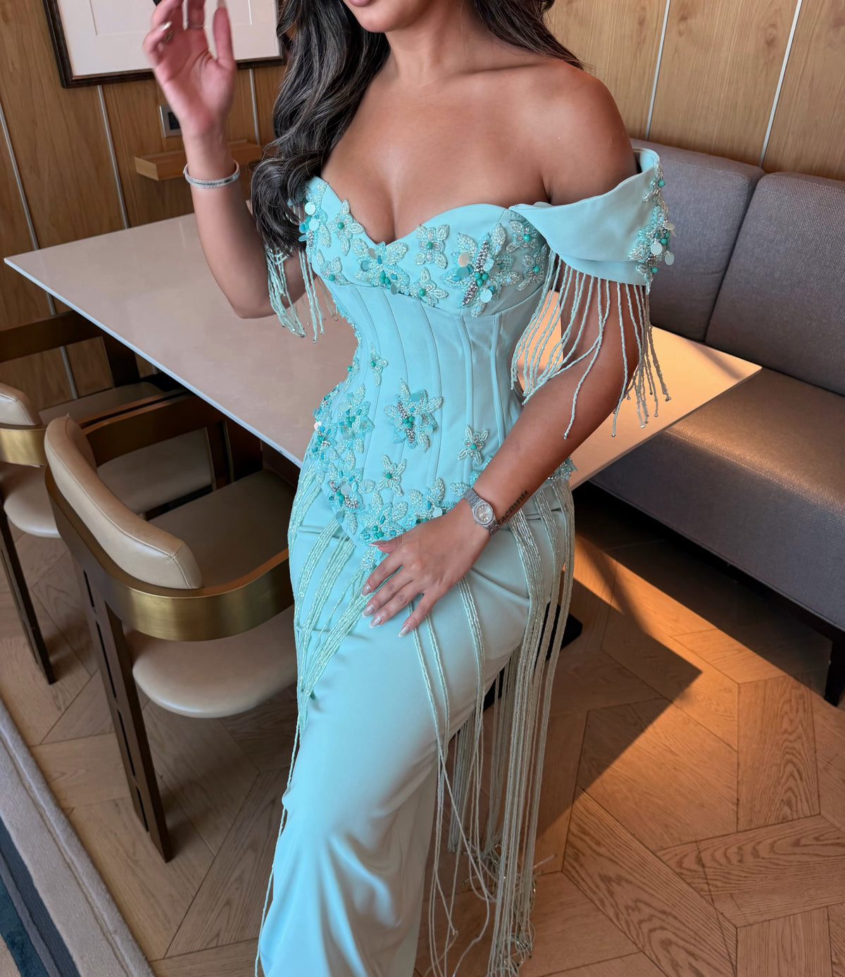 Off-the-Shoulder Corset Gown with Beaded Fringe