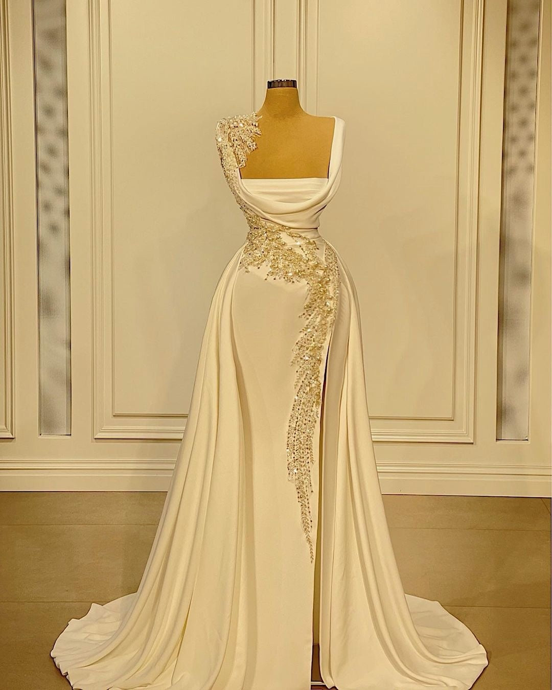 Beaded Draped Evening Gown with Overskirt