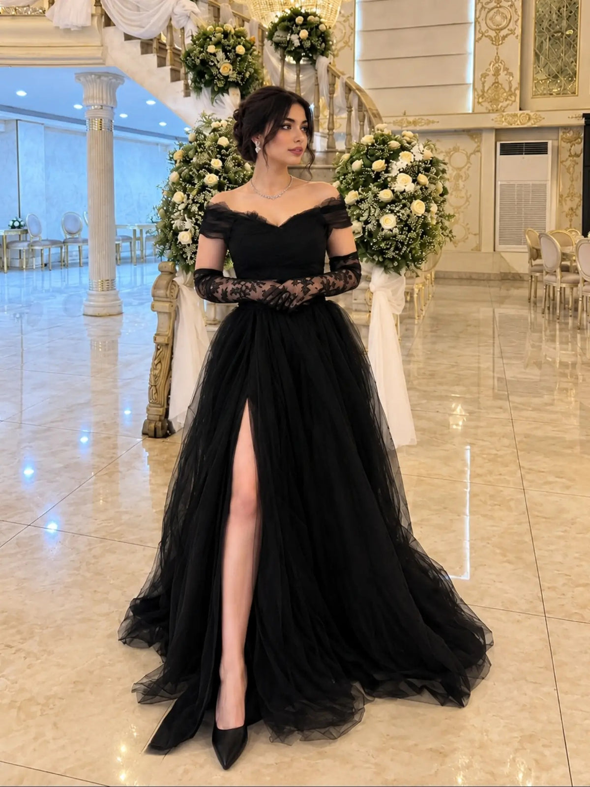 Off-the-Shoulder Tulle A-Line Gown with Slit