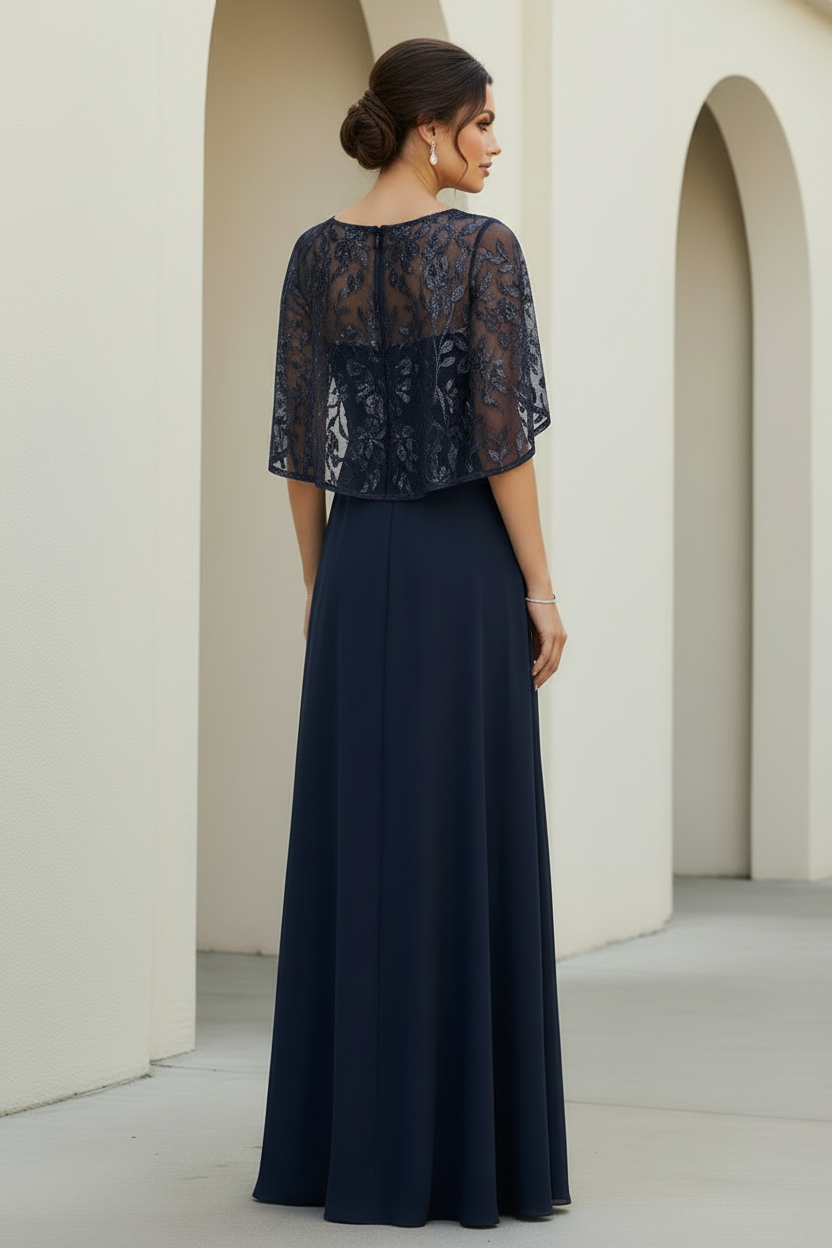 Chiffon A-Line Evening Gown with Sequined Capelet Bodice
