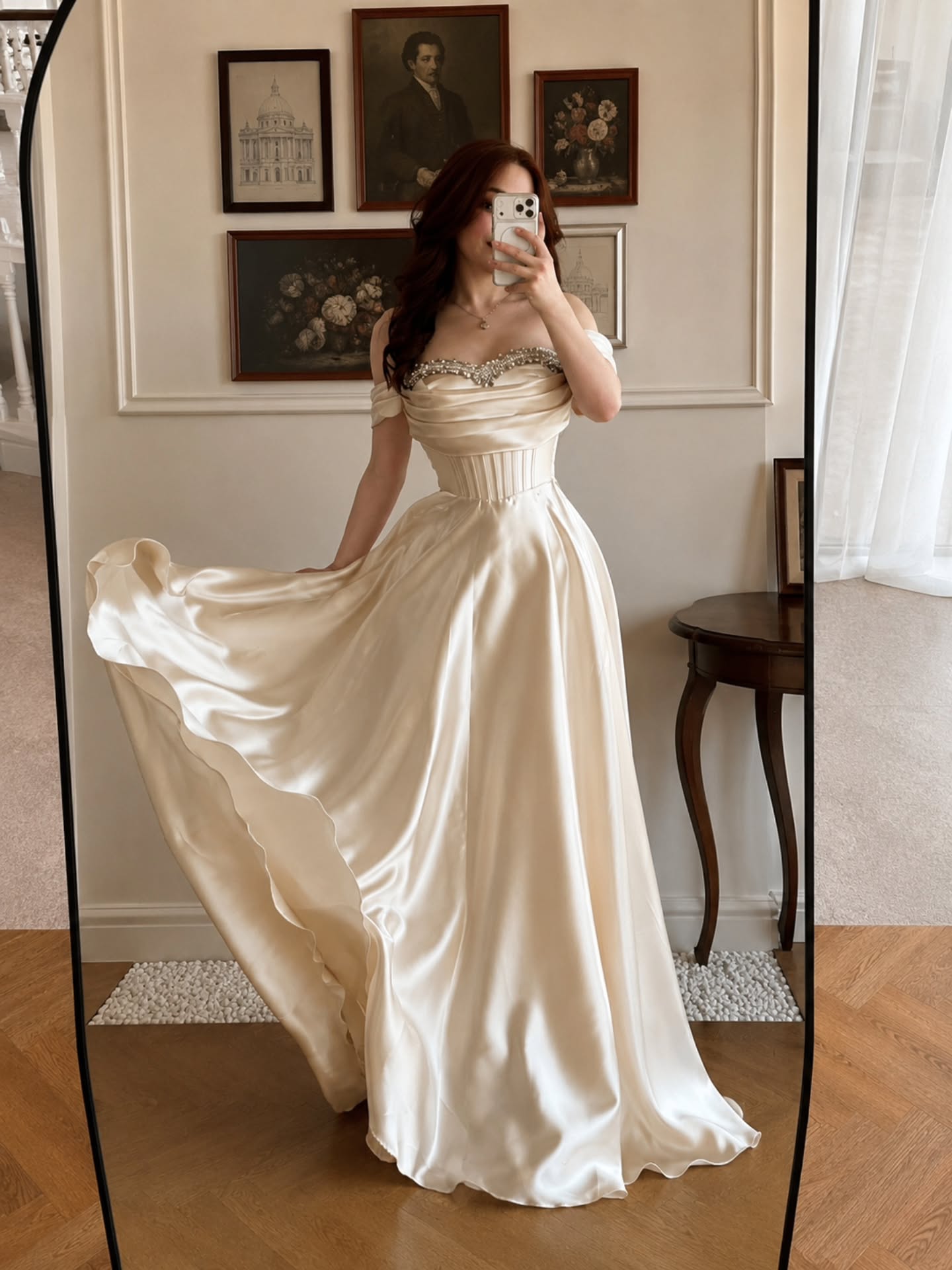 Beaded Off-the-Shoulder Satin Corset Gown