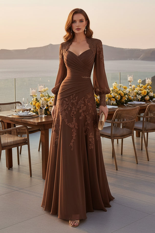 Pleated Bodice Gown with Sheer Bishop Sleeves
