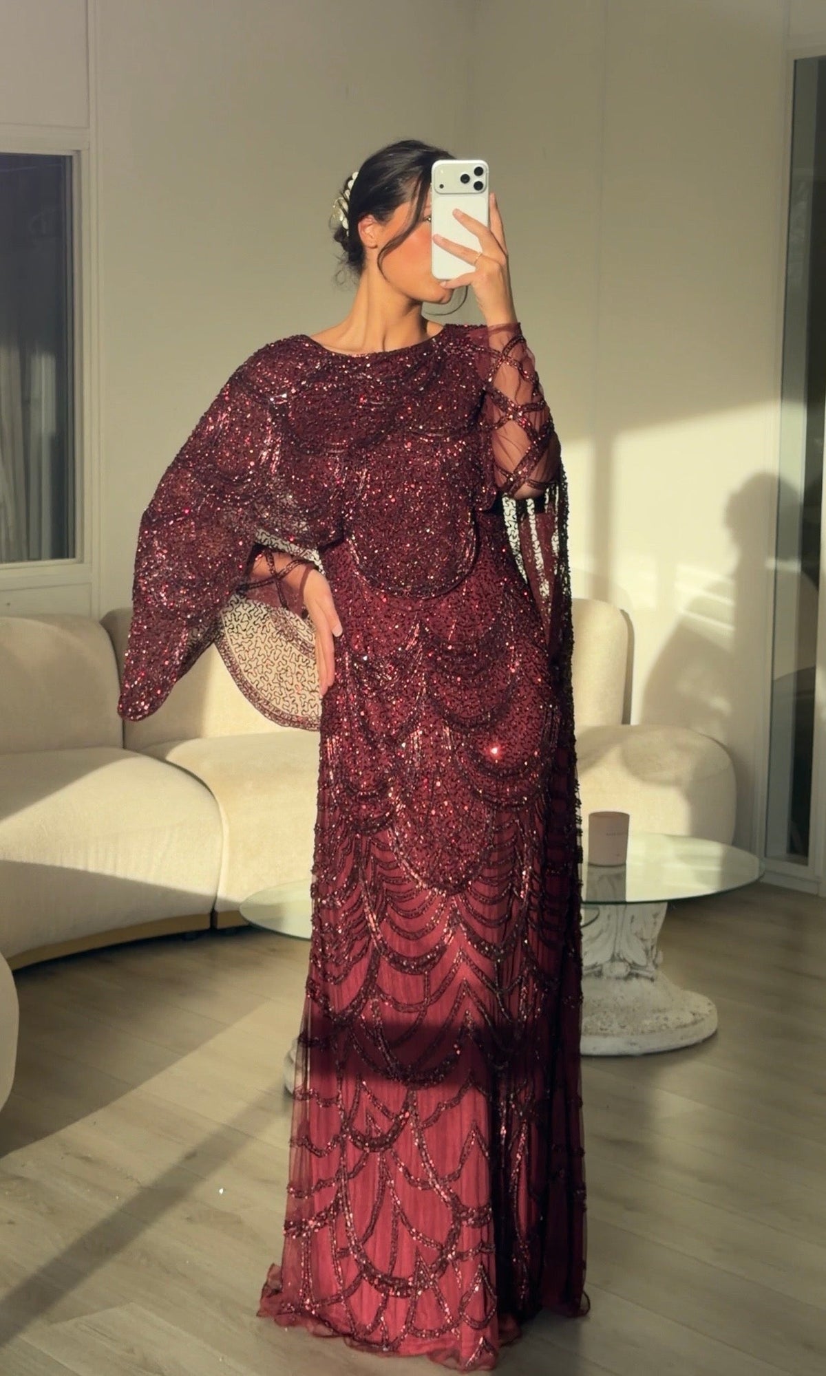Beaded Scallop Capelet Evening Maxi Dress