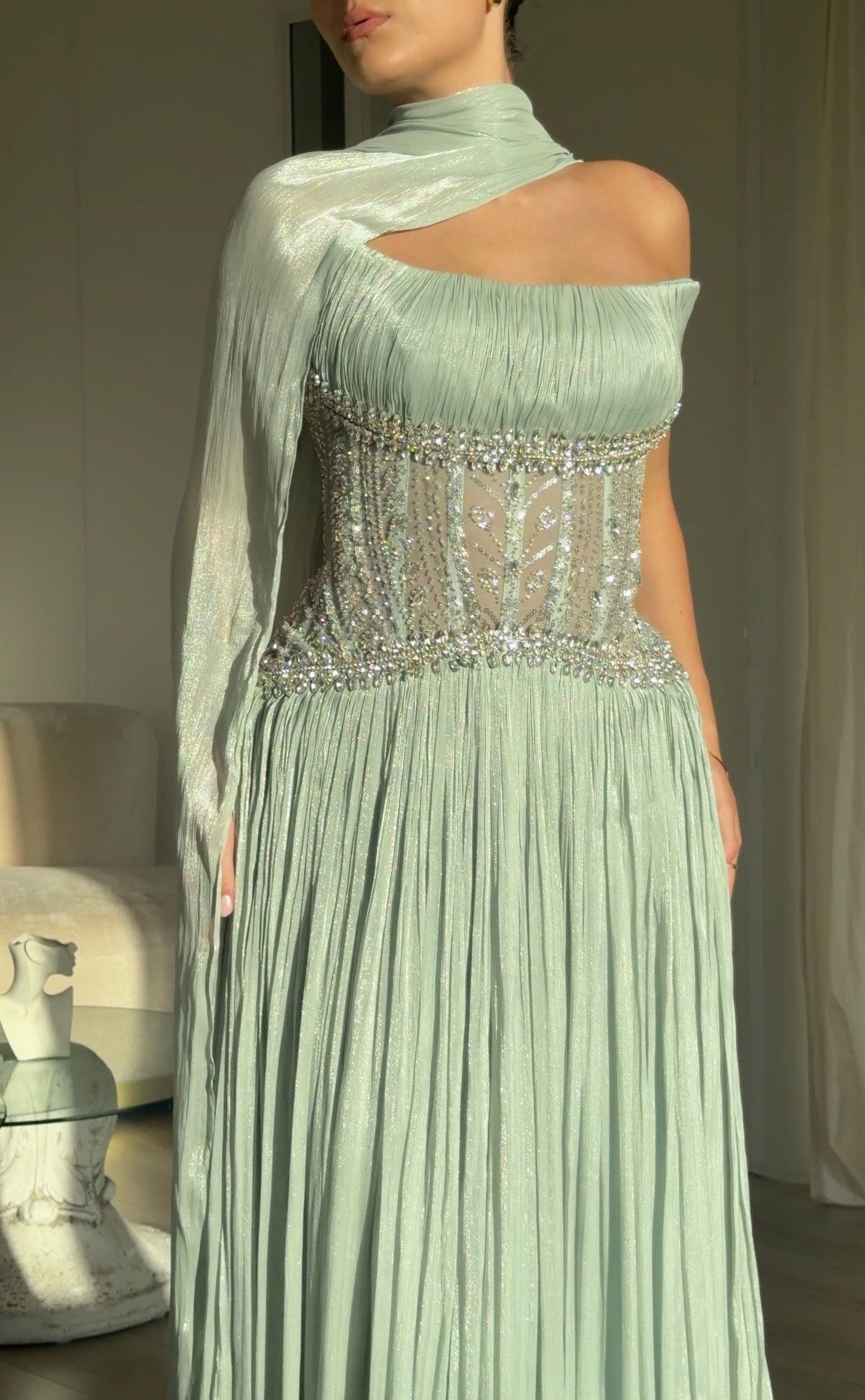 Corset Pleated Evening Gown with Neck Drape