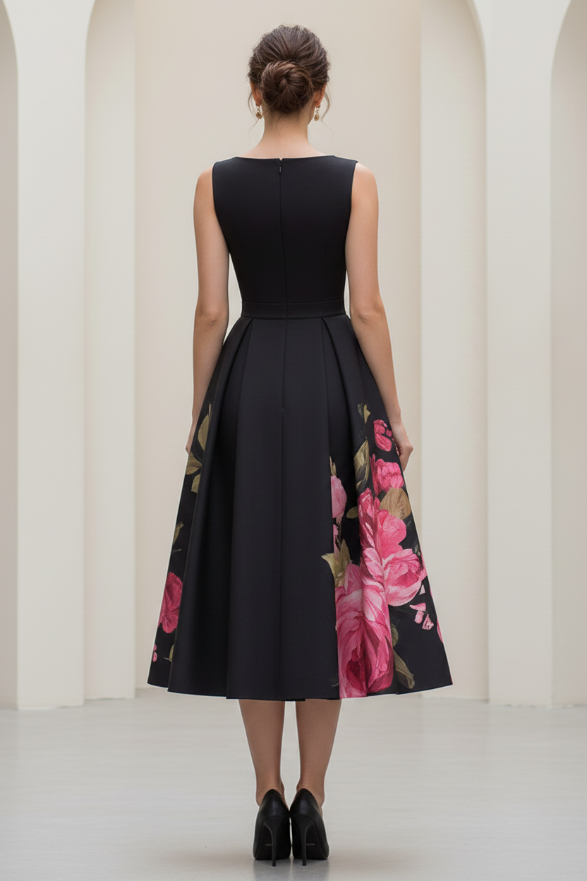 Floral Print Pleated A-Line Midi Dress