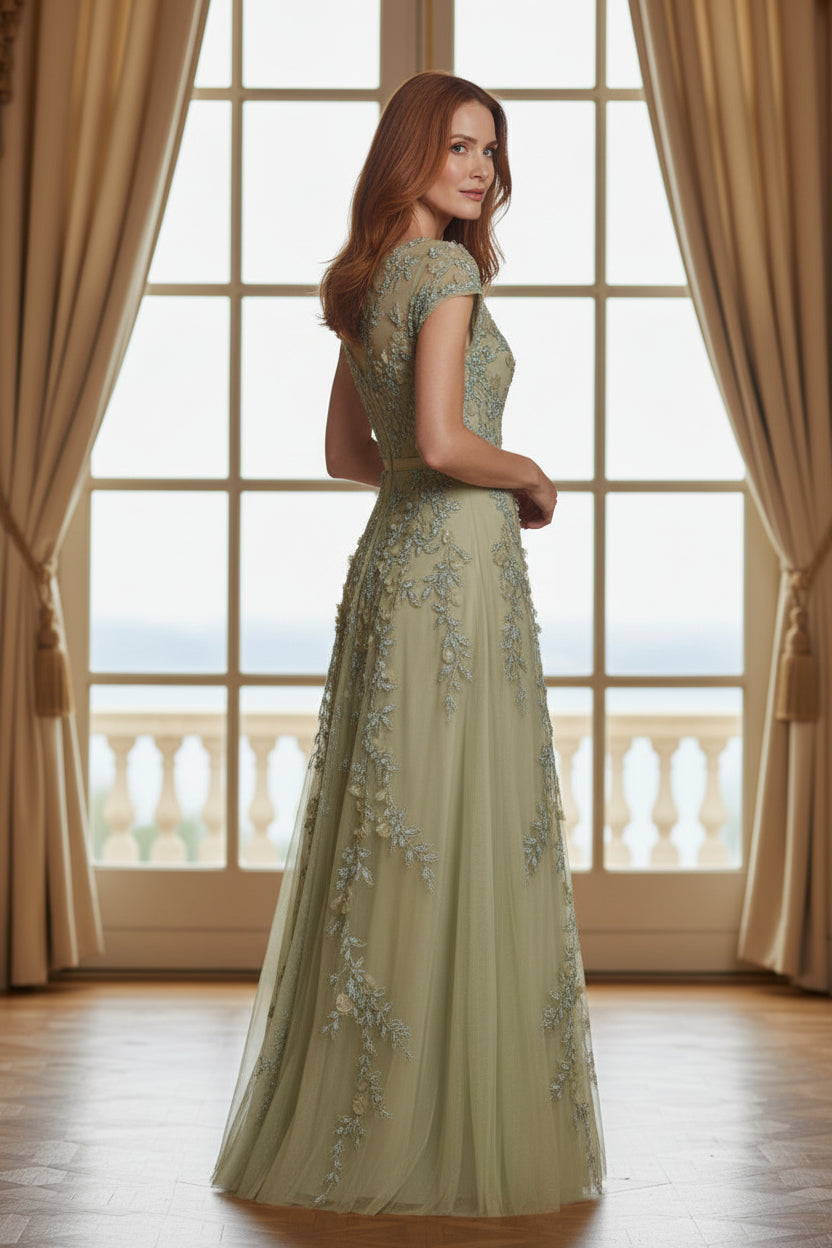 Embroidered Tulle A-Line Gown with Cap Sleeves