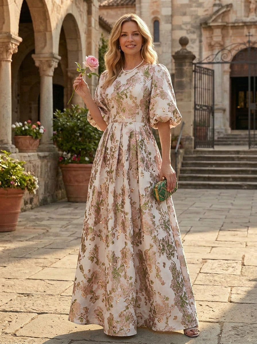 Pleated Jacquard Puff Sleeve Evening Dress