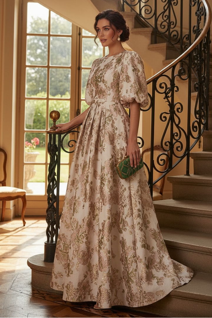 Pleated Jacquard Puff Sleeve Evening Dress