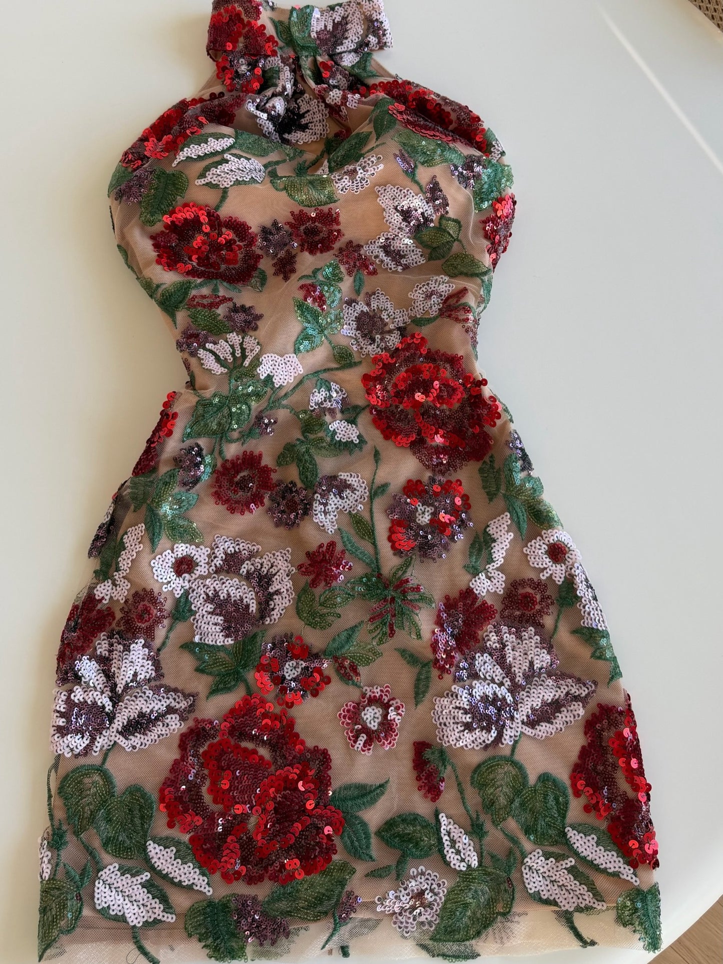 Floral Sequin Halter Mini Dress
