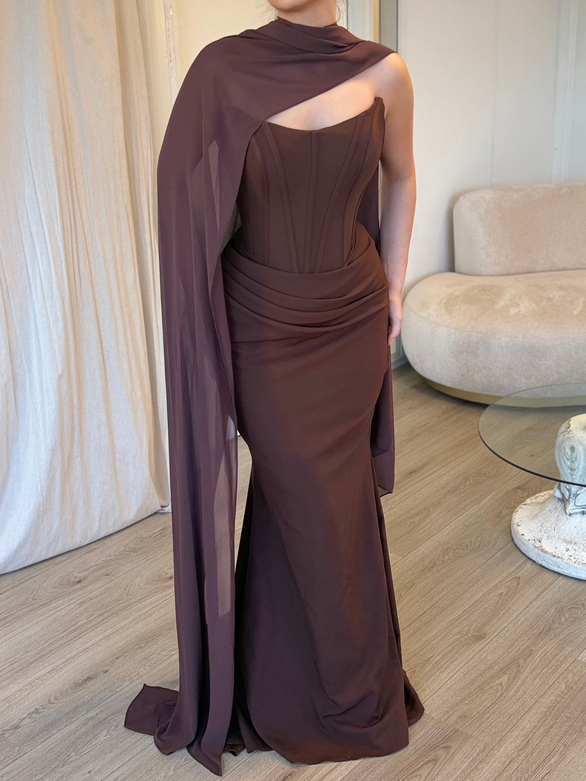 Corset Mermaid Evening Gown with Draped Cape