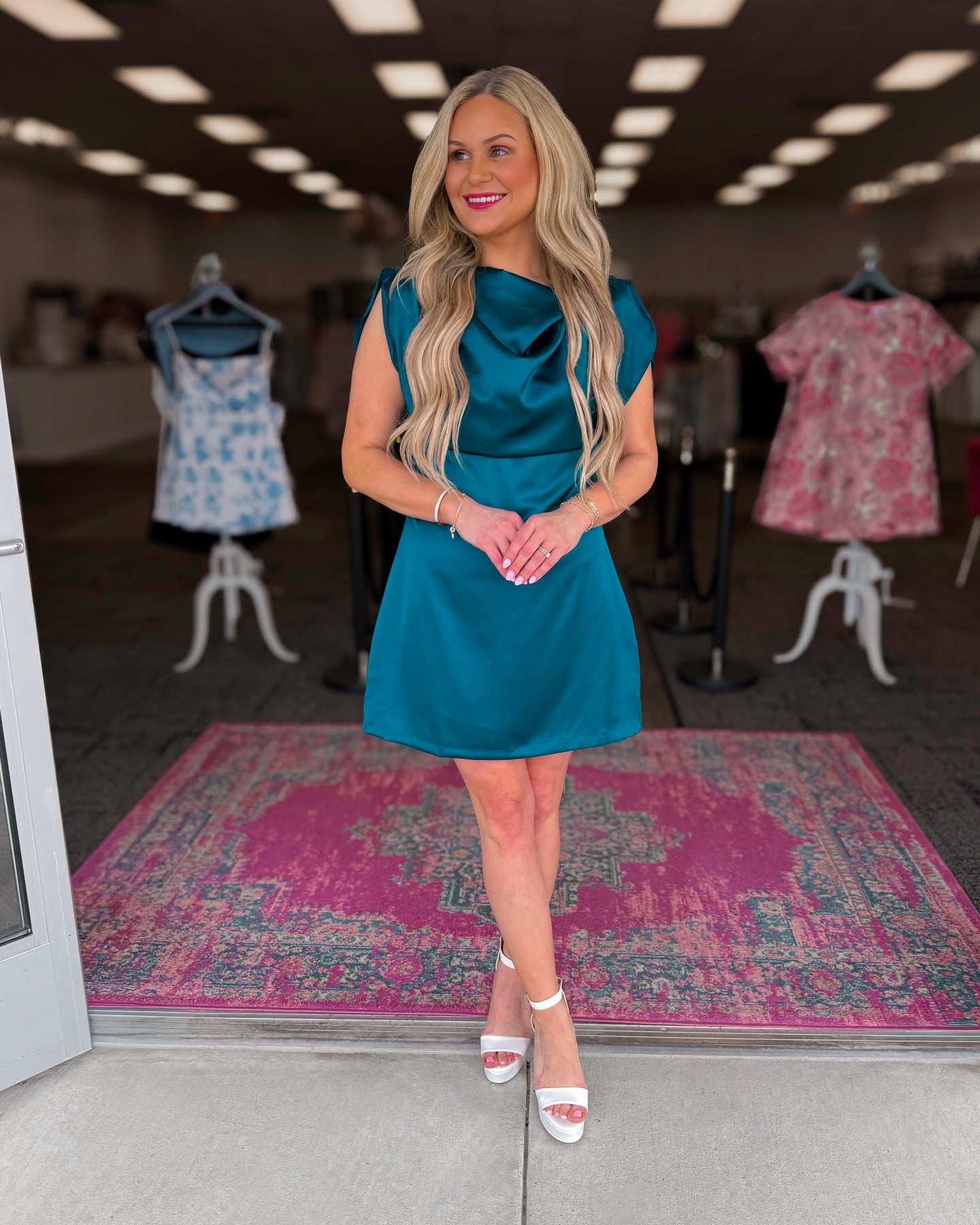 Cowl Neck Satin Cap Sleeve Mini Dress