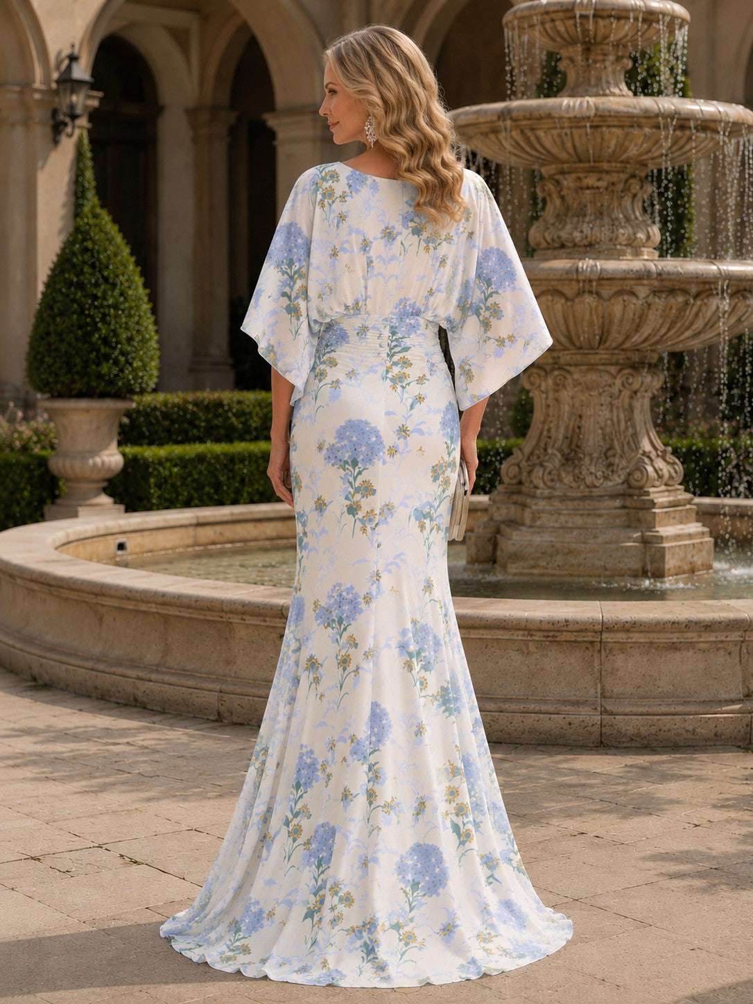 Floral Ruched Mermaid Gown with Flutter Sleeves