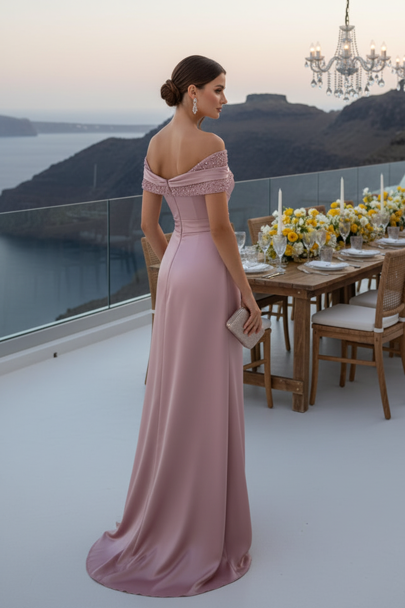 Off-the-Shoulder Ruched Satin Gown with Slit