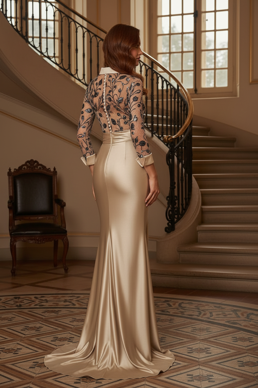 Collared Sequin-Floral Bodice Satin Skirt Gown
