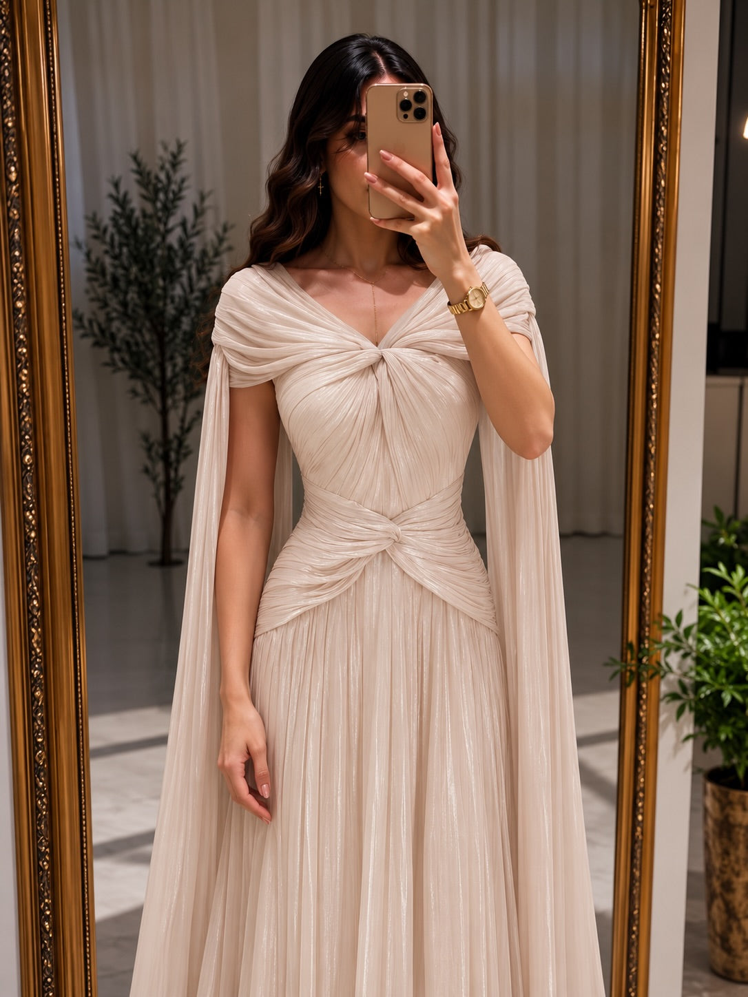 Pleated Cape Evening Gown with Twist Waist