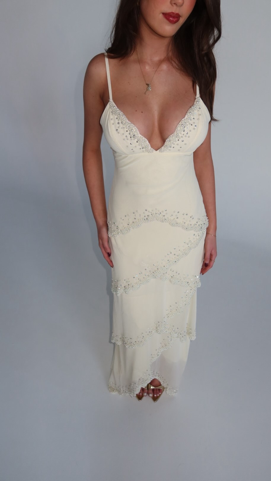 Beaded Tiered Maxi Dress with Deep V-Neck