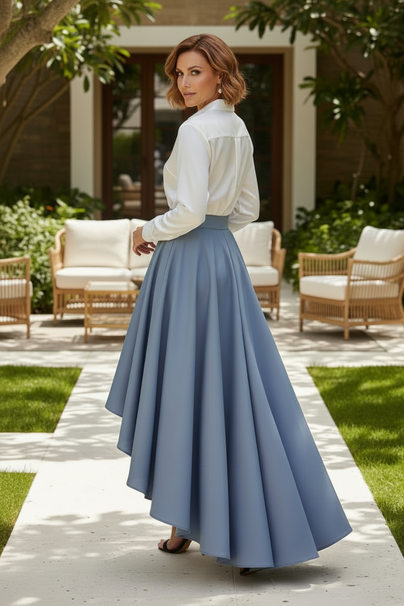 High-Low Satin Skirt with Bow Waist Detail