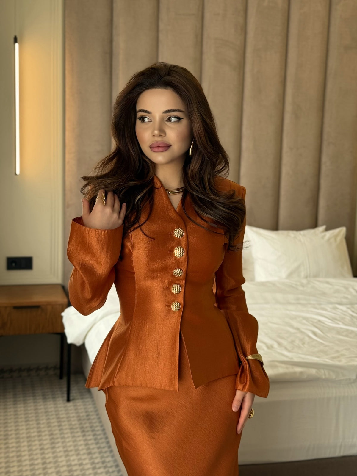 Buttoned Peplum Jacket and Maxi Skirt Two-Piece Set