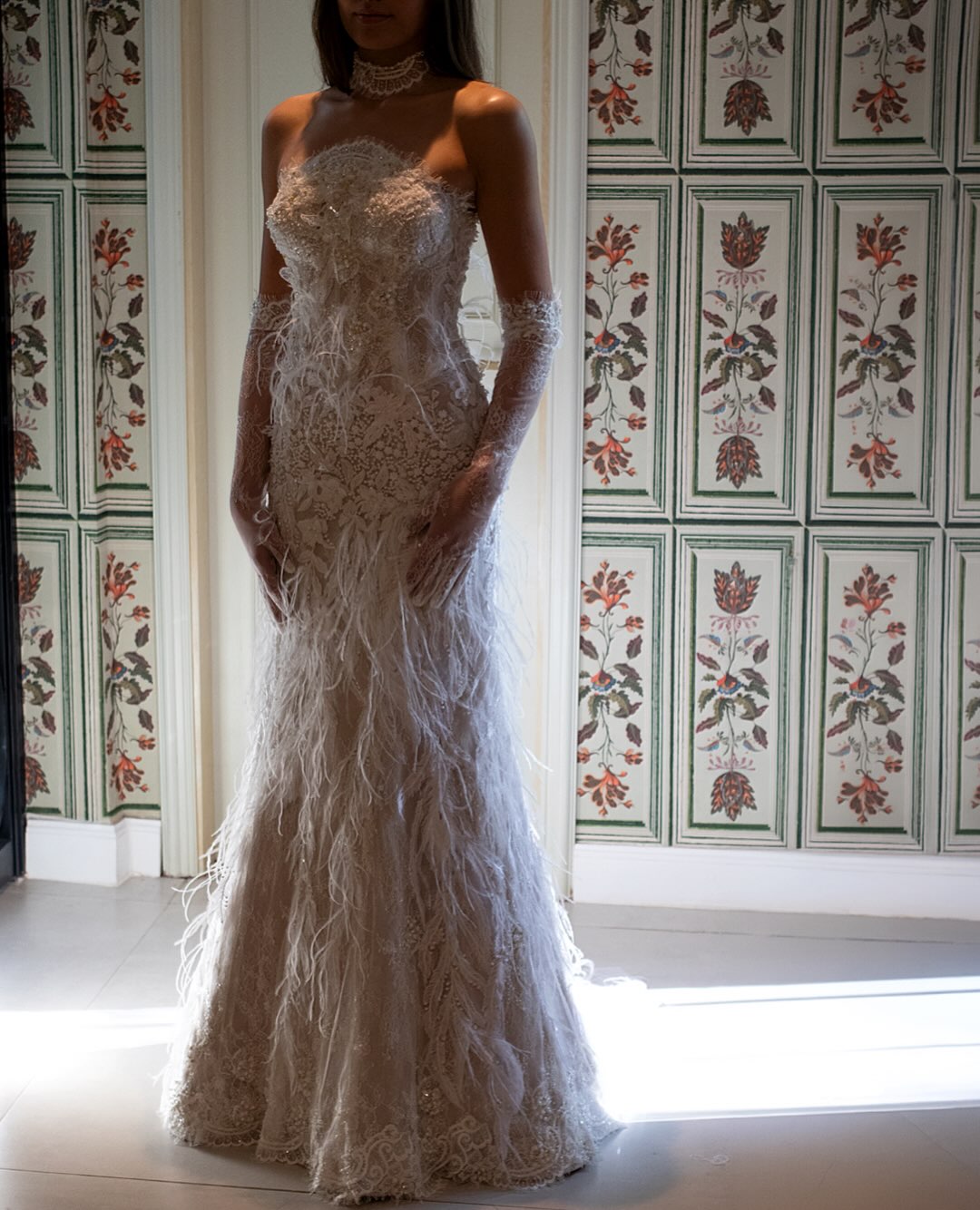 Strapless Feather Embellished Lace Wedding Dress