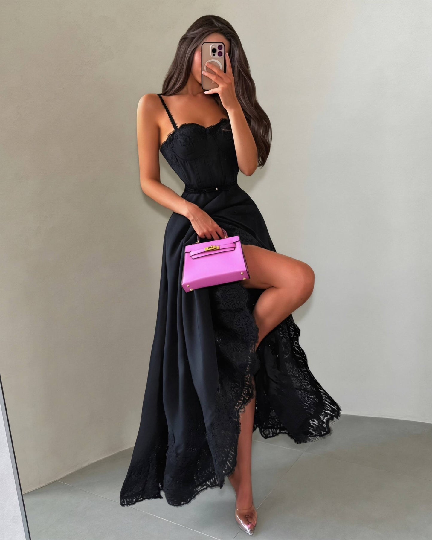 Lace Corset Bodice Satin Maxi Dress with Pearl Straps