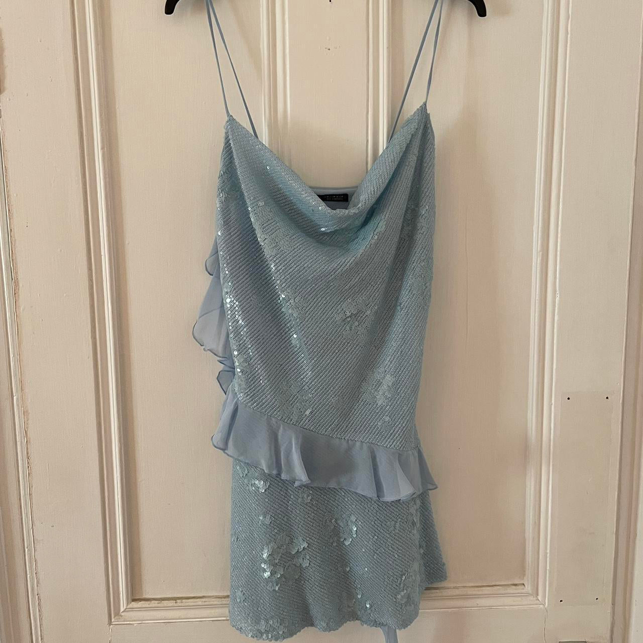 Asymmetrical Sequin Cowl Neck Mini Dress