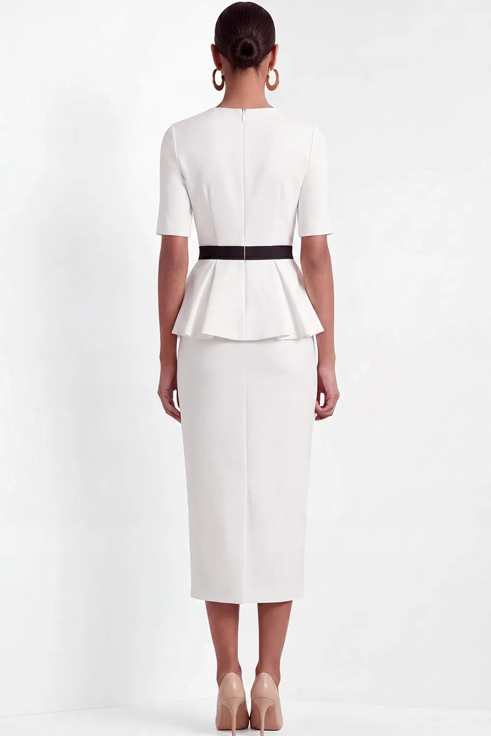 Short Sleeve Peplum Midi Sheath Dress