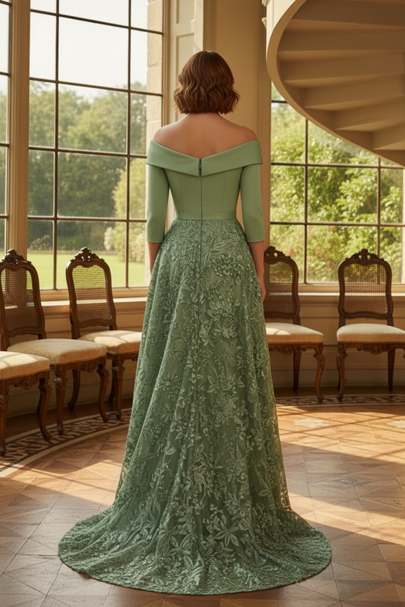 Off-the-Shoulder Embroidered Gown with Overskirt
