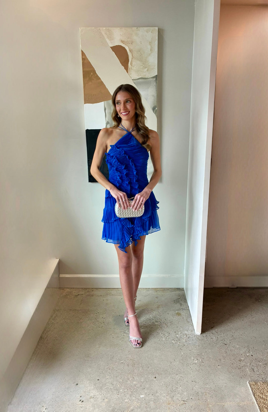 Pleated Halter Ruffle Tiered Mini Party Dress
