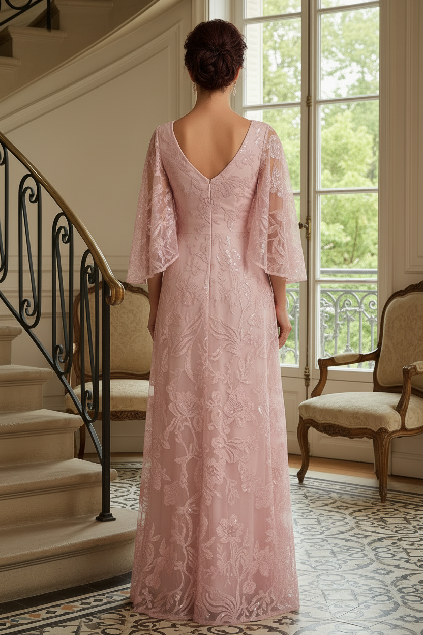 Embroidered A-Line Evening Gown with Flutter Sleeves