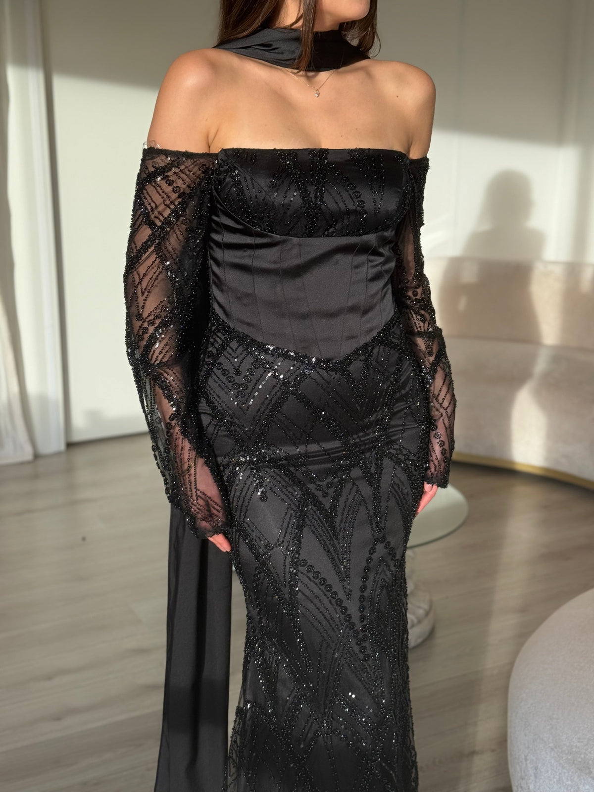 Off-the-Shoulder Sequin Corset Evening Gown